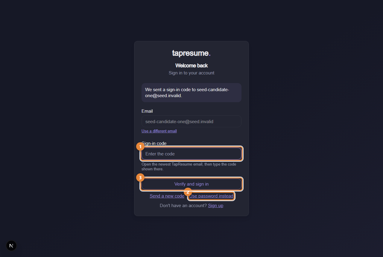 The sign-in code step